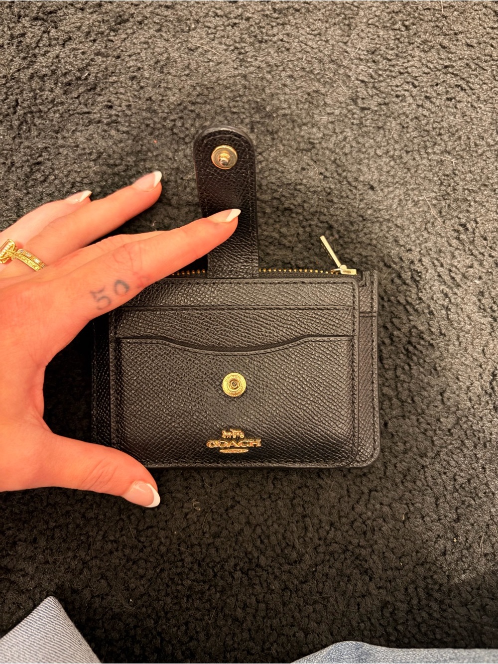 Coach Black Pebbled Leather Card Holder with Gold Hardware